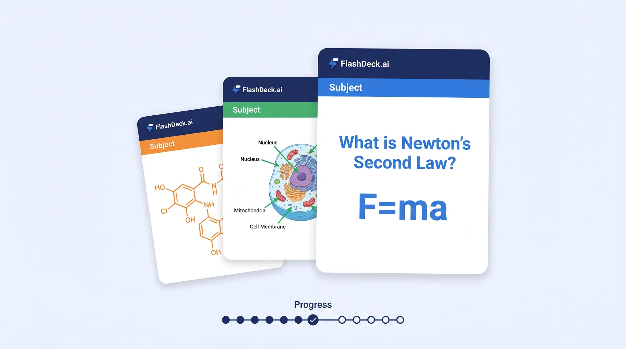 FlashDeck.AI — Flashcard deck showing Newton's Second Law